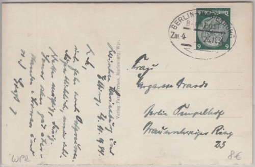 DR - Bahnpost Berlin Marienburg Zug 4 Postkarte n. Berlin 1934