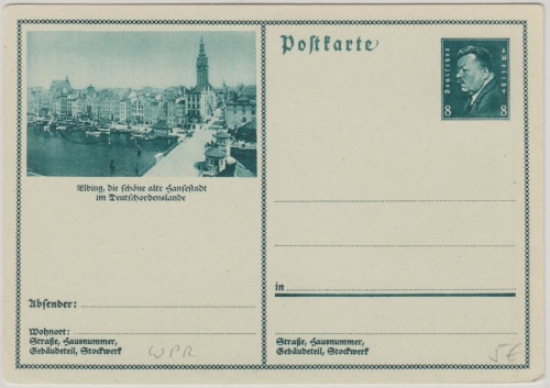 DR - 8 Pfg. Ebert Bildganzsache Bild Hansestadt Elbing ungelaufen