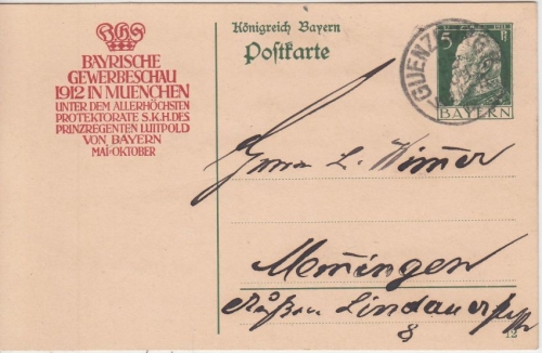 Bayern - 5 Pfg. Luitpold Sonder-GA Gewerbeschau Günzburg - Memmingen 1912