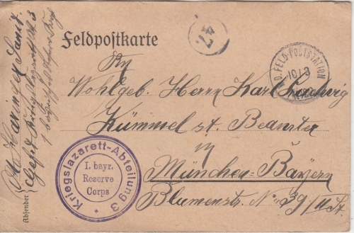 Bayern - Kriegslazarett-Abteilung 3 Feldpostkarte n. München 1915