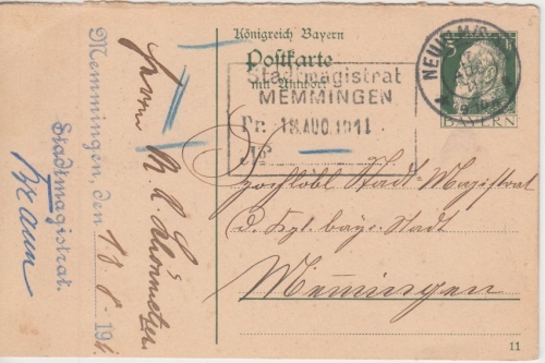 Bayern - 5 Pfg. Luitpold Ganzsache F-Teil Neuulm - Memmingen 1911
