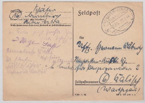 DR - Bahnpost Hannover-Bebra Zug 895, Feldpostkarte n. Kalisch 1944