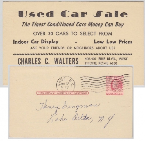 USA - 2 C. Ganzsache priv. Zudruck "Used Car Sale" Rome - Lake Delta 1956
