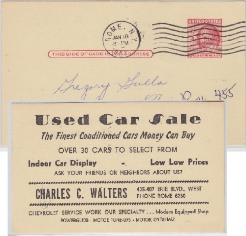 USA - 2 C. Ganzsache priv. Zudruck "Used Car Sale" Rome - Sorena 1957