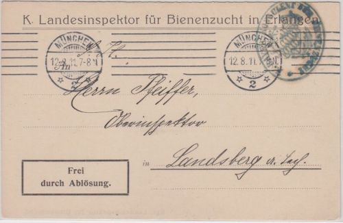 Bayern - Dienstpostkarte Frei d. Ablösung Bienenzucht München - Landsberg 1911
