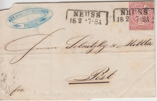 NDP - Neuss 18/2 Ra2 Brief 1 Gr. gez. n. UNGARN (Pest) 1870