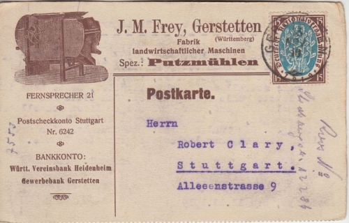 DR-Infla - 15 Pfg. Nationalversammlung illustr. Firmenkarte Gerstetten 1919 n.