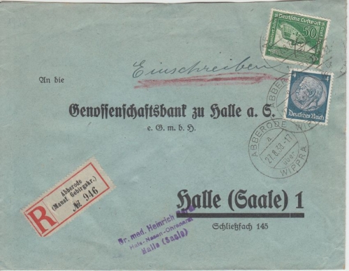 DR - Abberode ü. Wippra 1938 Poststelle I Einschreibebrief n. Halle