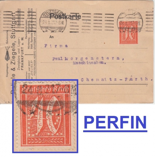 DR-Infla 40 Pfg. Ziffer Perfin "DZ" illustr. Firmenkarte Stuttgart Chemnitz 1921