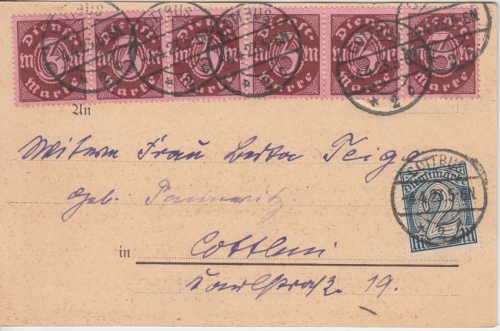 DR-Infla - 6x3+2 M. Ziffer Dienst Ortspostkarte Cottbus 1923