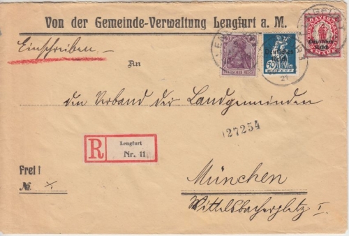 DR-Infla - Lengfurt 1921 Einschreibebrief n. München nachv. bayer. R-Zettel