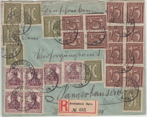 DR-Infla - 12x25 Pfg. Ziffer u.a. Einschreibebrief KOS Breitenbach (Harz) 1922