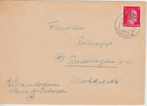 DR - Wain ü. Laupheim 1944 Poststelle I Brief n. Riedlingen