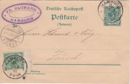 DR - 5 Pfg. K/A Ganzsache A-Teil + bildgl. Zusatz i.d. SCHWEIZ Hamburg 8 - 1892