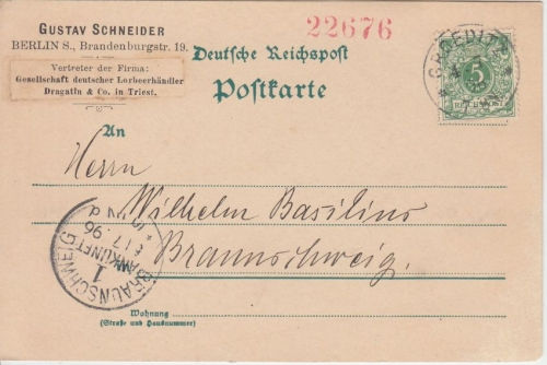 DR - 2x5 Pfg. Krone/Adler Firmenkarte K1 Groeditz - Braunschweig 1896