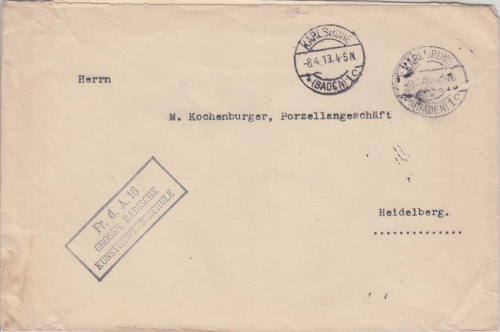 DR - Frei d. Ablösung No.16 Grossh. Bad. Kunstgewerbeschule Brief Karlsruhe 1913