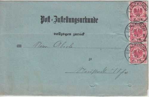 DR - 10 Pfg. K/A senkr. 3er-Streifen Zustellurkunde Lenzkirch - Neustadt 1899