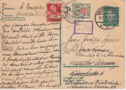 DR/Schweiz - 8 Pfg. Ebert Ganzsache i.d. SCHWEIZ Buxtehude 1929 toller Irrläufer