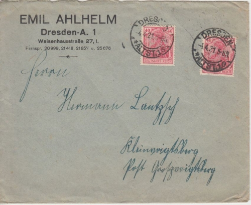 DR - 2x40 Pfg. Germania Perfin "EA" Firmenbrief Dresden - Kleinvoigtsberg 1921
