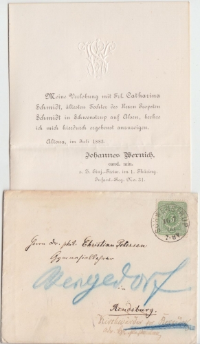 DR/Dänemark - 3 Pfg. Drucksache (Verlobungsanzeige) Schwenstrup - Rendsburg 1883