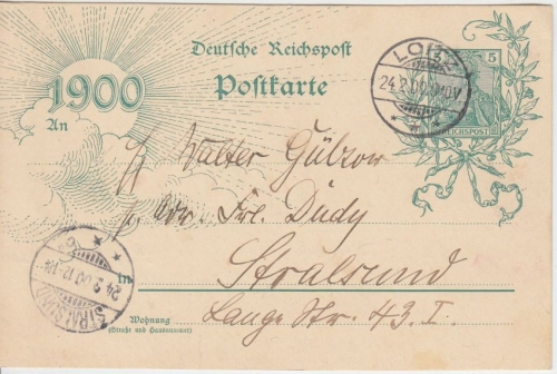 DR - 5 Pfg. Germania Jahrhundert-Ganzsache Loitz - Stralsund 24.2.1900