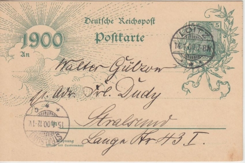DR - 5 Pfg. Germania Jahrhundert-Ganzsache Loitz - Stralsund 14.1.1900