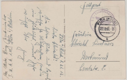 DR - Plön 1941 Feldpostkarte Briefstpl. I. U-Ausbildungsabteilung n. Dortmund