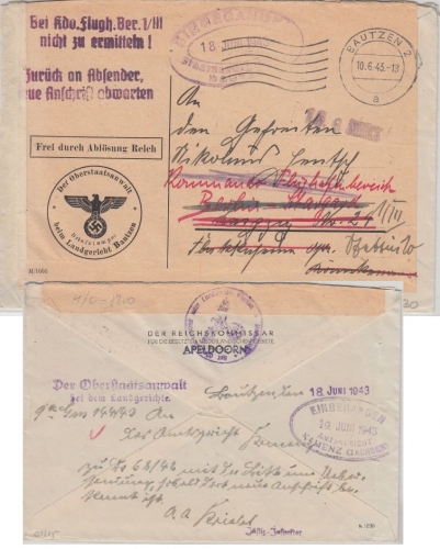 DR - Dienstpoststelle Apeldoorn 1943 Brief n. Bautzen Weiterleitung Leipzig RR!