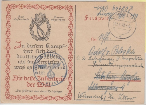 DR - Gnesen 2 27.8.42 illustr. Feldpostkarte n. Salzburg Weiterleitung Wünsdorf