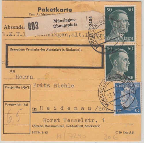 DR - Münsingen Übungsplatz frank. Paketkarte n. Heidenau 13.1.44
