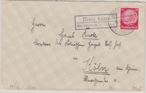 DR - Neues Lager ü. Altes Lager (Kr. Jüterbog) Landpost-Ra2 Brief n Köln 18.4.34