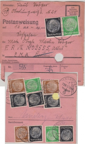 DR - Postanweisung Oberlungwitz an Feldpostnummer M095555 "Atlas" 17.10.44