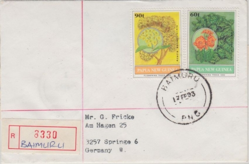 Papua New Guinea PNG - 60+90 t Bäume Einschreibebrief Baimuru 17.2.1993