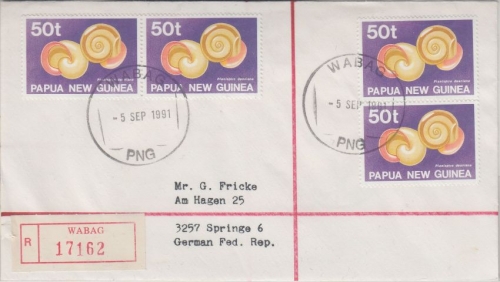 Papua New Guinea PNG - 4x50 t Schnecken Einschreibebrief Wabag 5.9.1991