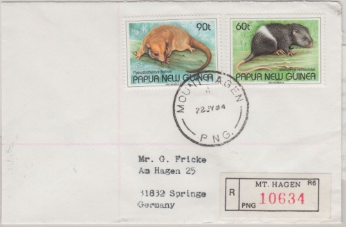 Papua New Guinea PNG - 90+60 T. Säugetiere Einschreibebrief Mt. Hagen 22.7.1994