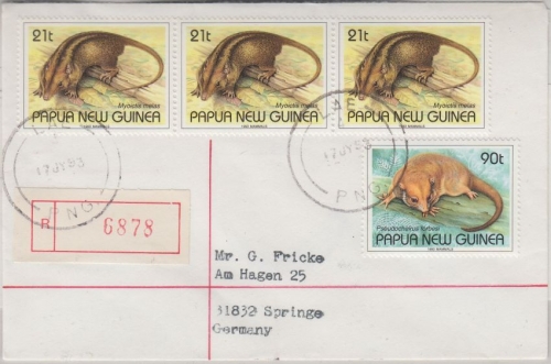 Papua New Guinea PNG - 90+3x21 T. Säugetiere Einschreibebrief Lae 17.7.1994