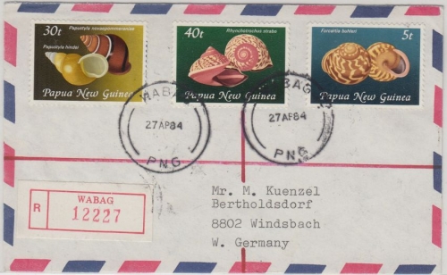 Papua New Guinea PNG - 40 T. u.a. Schnecken Einschreibebrief Wabag 27.4.1984