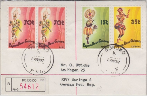Papua New Guinea PNG - 2x70 T. u.a. Tänze Einschreibebrief Boroko 24.3.1987