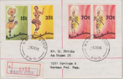 Papua New Guinea PNG - 2x70 T. u.a. Tänze Einschreibebrief Wards Strip 8.12.1986