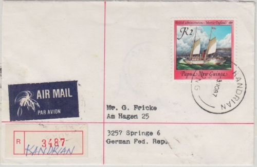 Papua New Guinea PNG - 2 K. Segelschiff Einschreibebrief Kandrian 3.11.1987