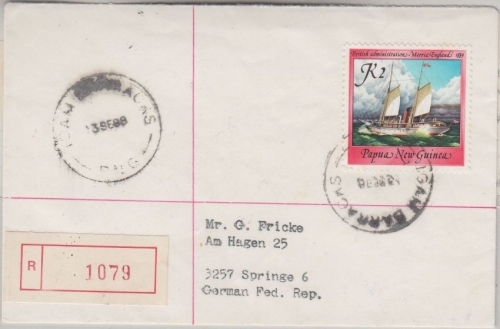 Papua New Guinea PNG - 2 K. Segelschiff Einschreibebrief Igam Barracks 3.9.1988