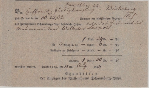 Thurn&Taxis - Bückeburg 1844 Inseratsquittung Expedition Fthm. Schaumburg Lippe