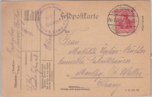 DR - 10 Pfg. Germania Feldpostkarte i.d. SCHWEIZ Dt. Feldpoststat. Nr. 158 1916