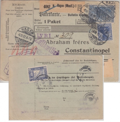 DR - 2 M. Nord/Süd u.a. Paketkarte i.d. TÜRKEI Hagen (Westf.) 6.10.1917