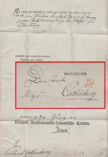 Hannover - Dienstbrief d. Kgl. Großbritannisch-Hannoverschen Cammer 1815 n.