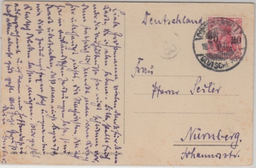 DP Türkei - 20 P./10 Pfg. germania karte Constantinopel - Nürnberg 1913
