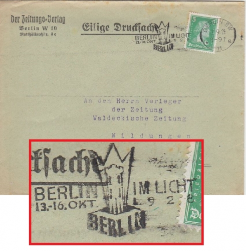 DR - Berlin im Licht 1928 Masch.werbestempel Drucksache n. Wildungen Berlin SW11