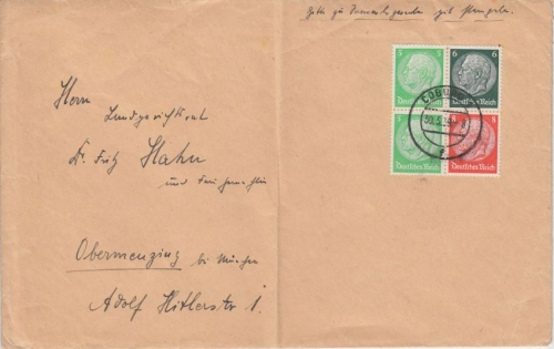 DR - Hindenburg Zusammendrucke W69+70 im 4er-Block Brief Coburg Obermenzing 1939