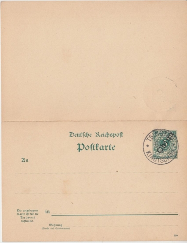 DP China - 5/5 Pfg. Krone/Adler Doppelkarte Ganzsache blanko gestpl. 1900