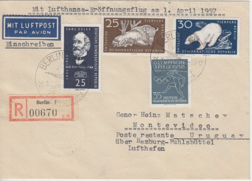 DDR - Lufthansa (West) Erstflug Jamburg Montevideo Zuleitungspost 1957